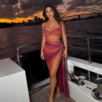 Sexy 3-Piece Gradient Bikini Set with Cover-Up Skirt – Push-Up, High Waist