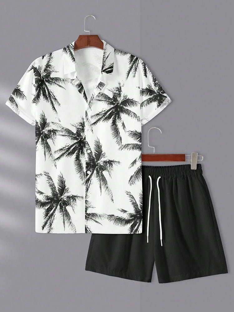 Men’s Hawaiian Coconut Tree Shirt & Shorts Set – Beach Style 2-Piece Outfit
