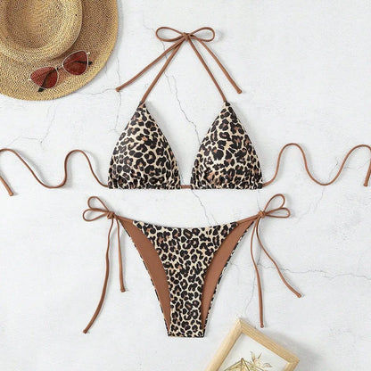 Leopard Print Suspender Bikini Set – Sexy Neck-Hanging Swimwear for Women