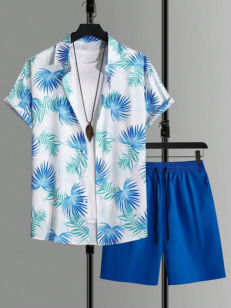 Men’s Hawaiian Coconut Tree Shirt & Shorts Set – Beach Style 2-Piece Outfit