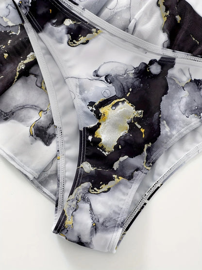 3-Piece Printed Push-Up Bikini Set with Skirt – Backless, High-Cut Beach Swimwear