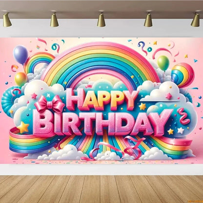 Pink Castle Birthday Backdrop – Rainbow Balloon Party Background for Girls' Photoshoots