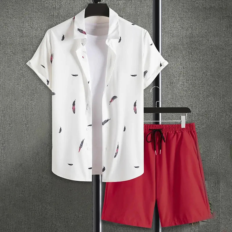 Men’s Hawaiian Coconut Tree Shirt & Shorts Set – Beach Style 2-Piece Outfit