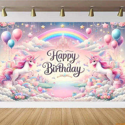 Pink Castle Birthday Backdrop – Rainbow Balloon Party Background for Girls' Photoshoots