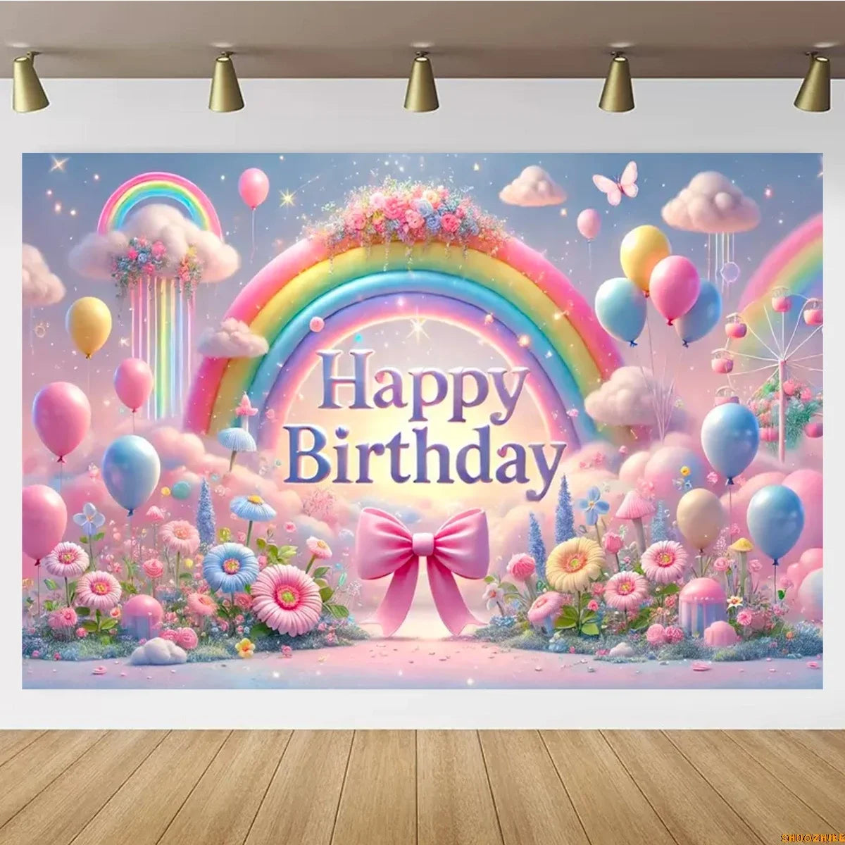 Pink Castle Birthday Backdrop – Rainbow Balloon Party Background for Girls' Photoshoots