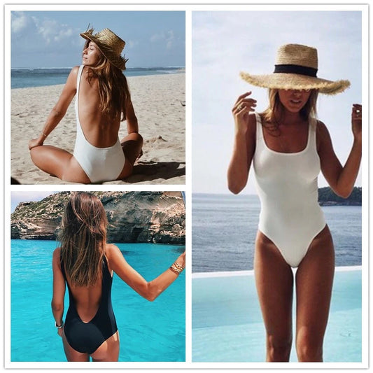 White Backless One-Piece Swimsuit – Push-Up Tummy Control Monokini