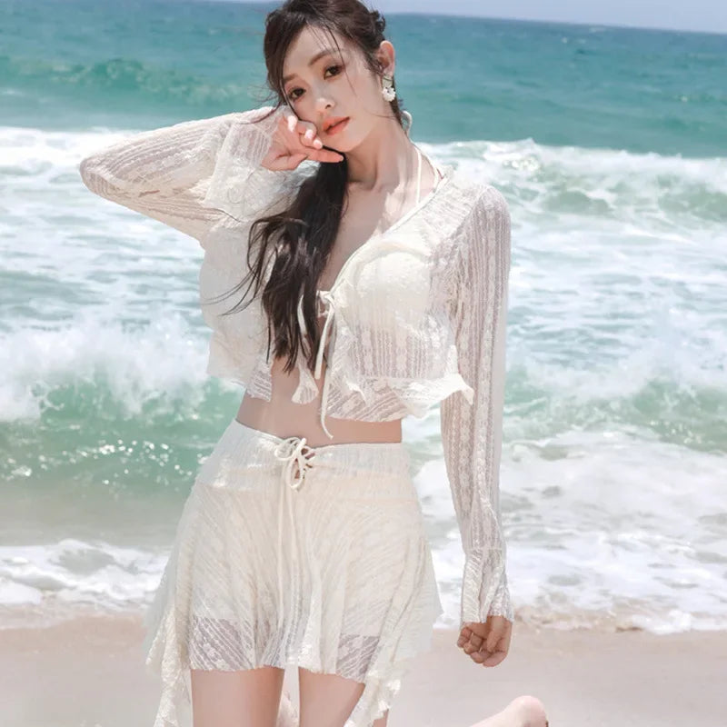 3-Piece Lace-Up Bikini Set with Long Sleeve Cover – Vintage European Beachwear