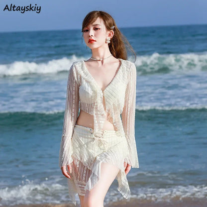 3-Piece Lace-Up Bikini Set with Long Sleeve Cover – Vintage European Beachwear