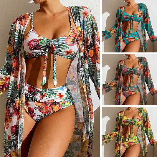 Floral 3-Piece Bikini Set with Mesh Blouse – High Waist, Bra Top with Pad for Women