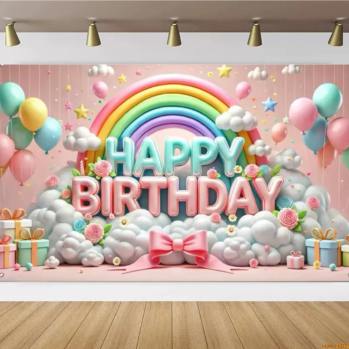 Pink Castle Birthday Backdrop – Rainbow Balloon Party Background for Girls' Photoshoots