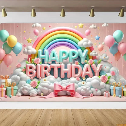 Pink Castle Birthday Backdrop – Rainbow Balloon Party Background for Girls' Photoshoots