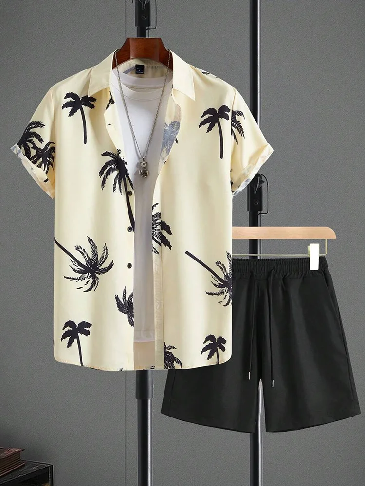 Men’s Hawaiian Coconut Tree Shirt & Shorts Set – Beach Style 2-Piece Outfit