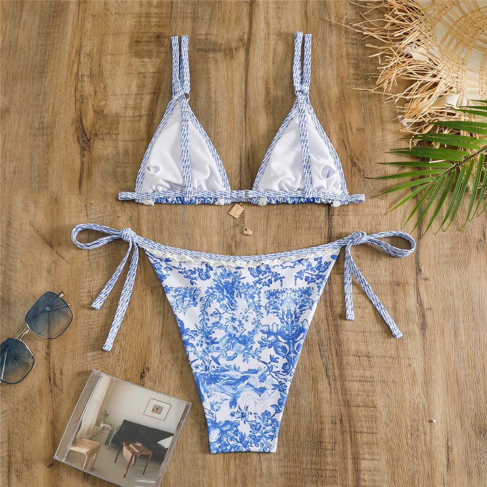 Bikini Set Sexy Blue Floral Print Triangle Swimsuit