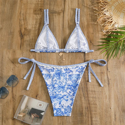 Bikini Set Sexy Blue Floral Print Triangle Swimsuit