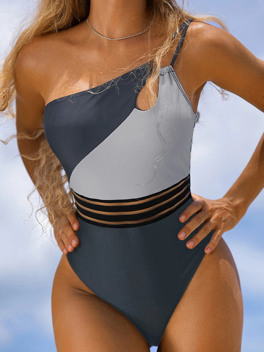 One Shoulder Cut-Out Bikini Bodysuit – Patchwork Swimwear for Women