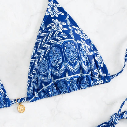Boho Floral Bikini Set – Halter Neck, Low-Rise Bathing Suit for Women