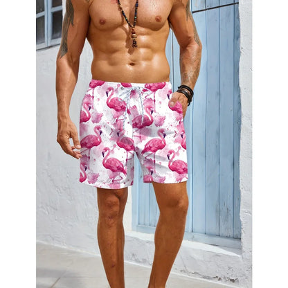 Men's Casual Beach Shorts - Quick-Dry Flamingo Print with Pockets