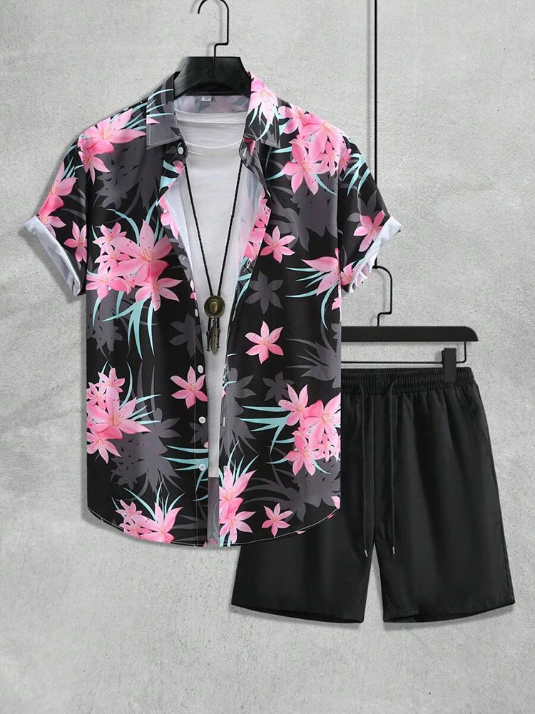 Men’s Hawaiian Coconut Tree Shirt & Shorts Set – Beach Style 2-Piece Outfit