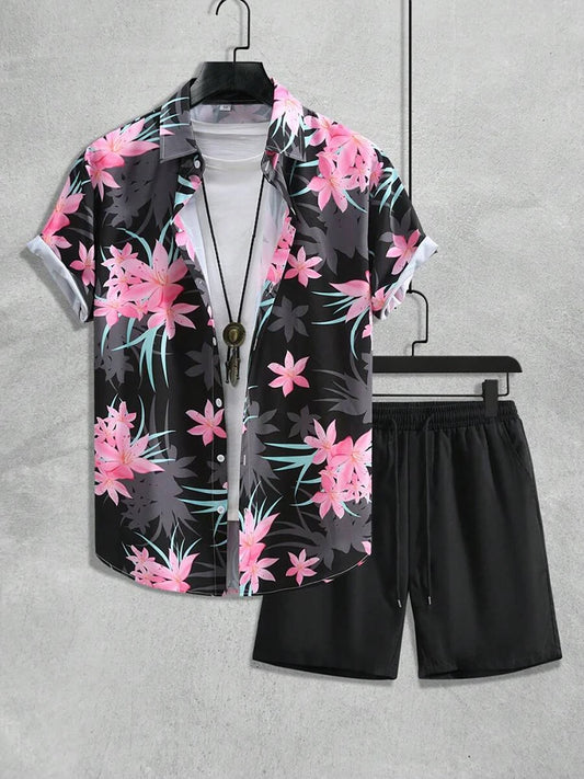 Men’s Hawaiian Coconut Tree Shirt & Shorts Set – Beach Style 2-Piece Outfit