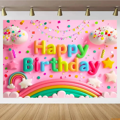 Pink Castle Birthday Backdrop – Rainbow Balloon Party Background for Girls' Photoshoots