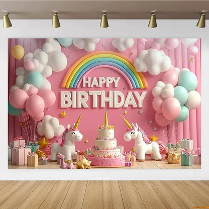 Pink Castle Birthday Backdrop – Rainbow Balloon Party Background for Girls' Photoshoots