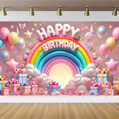 Pink Castle Birthday Backdrop – Rainbow Balloon Party Background for Girls' Photoshoots