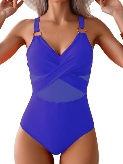 Plain Ruched One-Piece Swimsuit – Ring Link Swimwear for Women