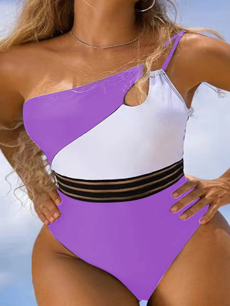 One Shoulder Cut-Out Bikini Bodysuit – Patchwork Swimwear for Women
