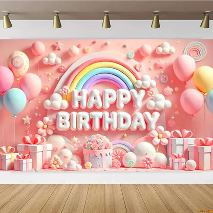 Pink Castle Birthday Backdrop – Rainbow Balloon Party Background for Girls' Photoshoots