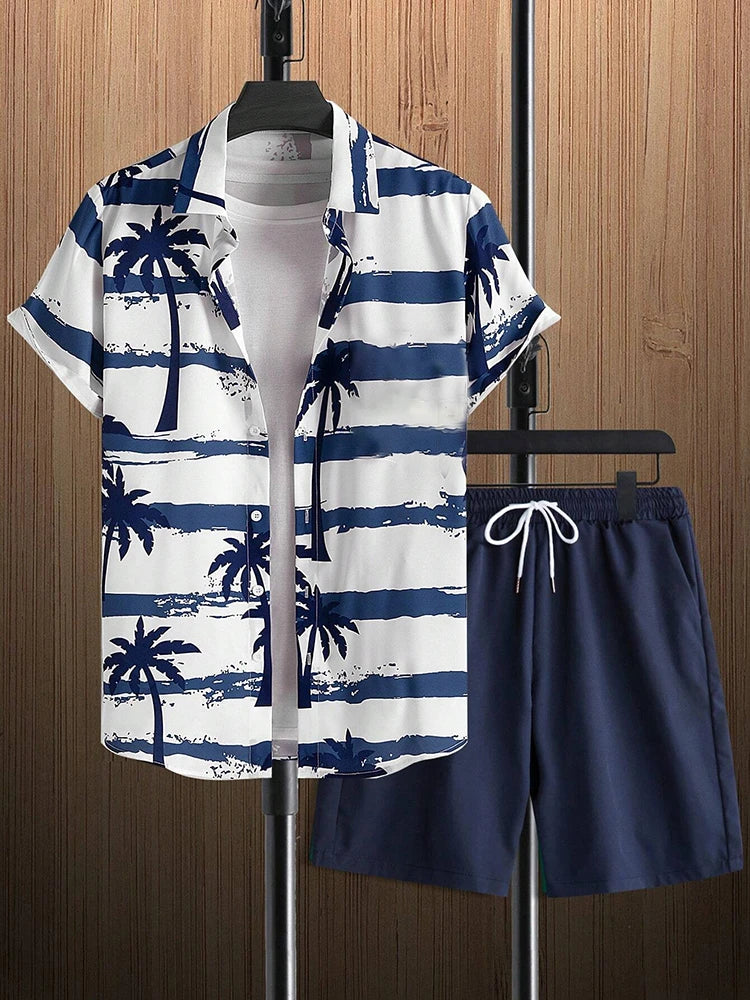 Men’s Hawaiian Coconut Tree Shirt & Shorts Set – Beach Style 2-Piece Outfit