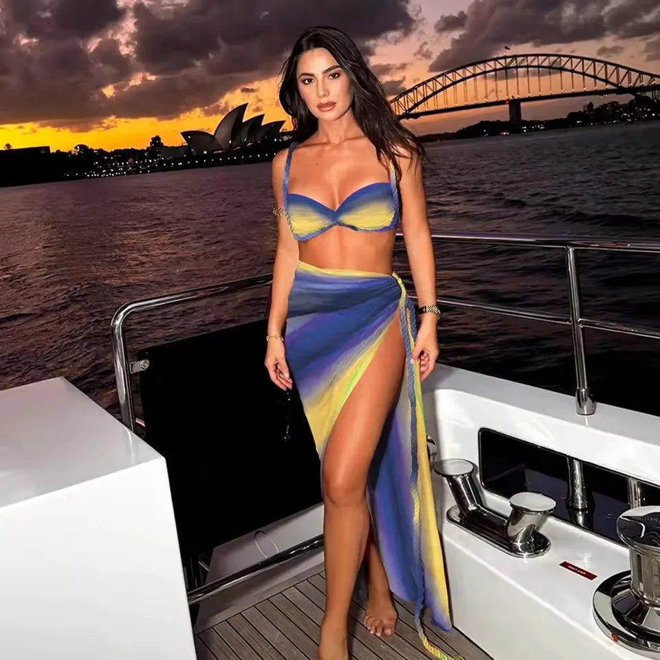 Sexy 3-Piece Gradient Bikini Set with Cover-Up Skirt – Push-Up, High Waist