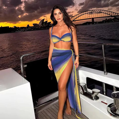 Sexy 3-Piece Gradient Bikini Set with Cover-Up Skirt – Push-Up, High Waist