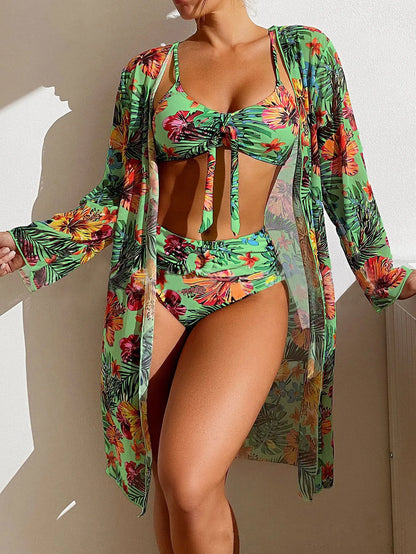 Floral 3-Piece Bikini Set with Mesh Blouse – High Waist, Bra Top with Pad for Women