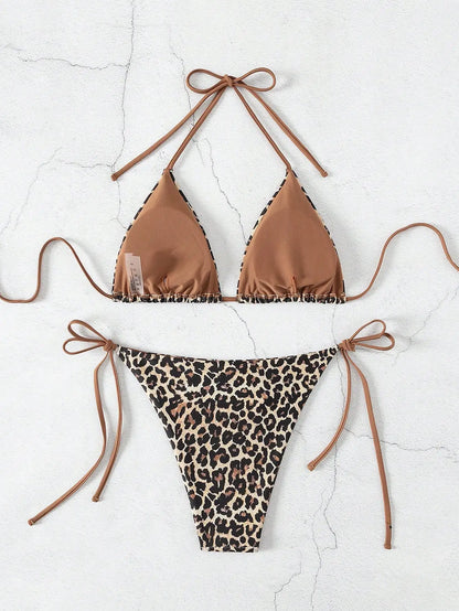 Leopard Print Suspender Bikini Set – Sexy Neck-Hanging Swimwear for Women