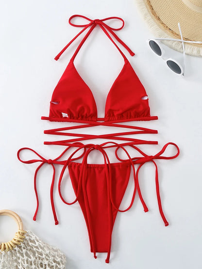 Criss-Cross Bandage Bikini Set – Lace-Up Thong 2-Piece Swimwear for Women