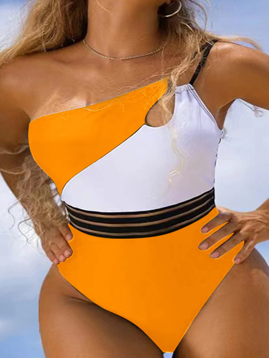One Shoulder Cut-Out Bikini Bodysuit – Patchwork Swimwear for Women