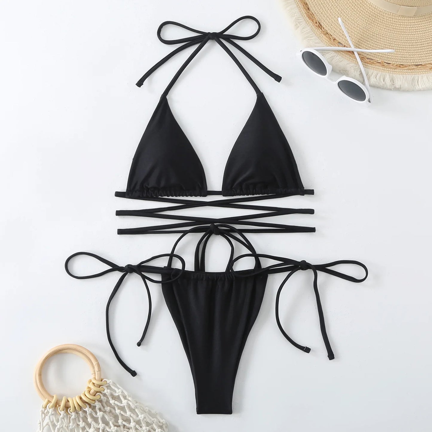 Criss-Cross Bandage Bikini Set – Lace-Up Thong 2-Piece Swimwear for Women