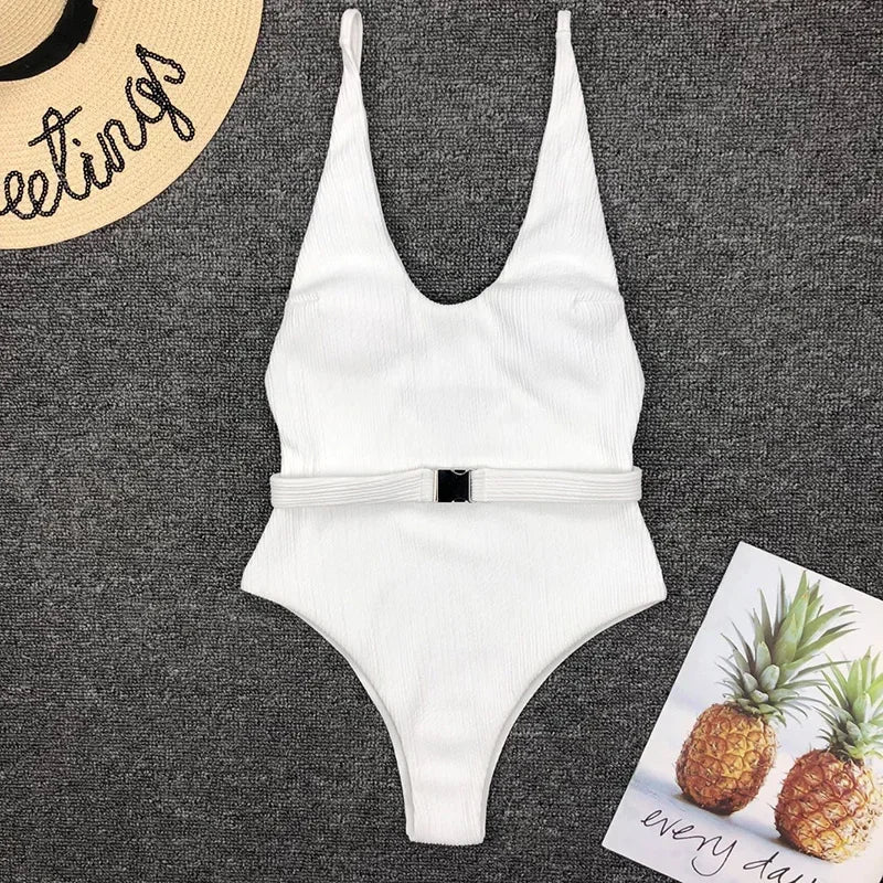 Sexy V-Neck One-Piece Monokini Swimsuit – White Beach Bodysuit for Women