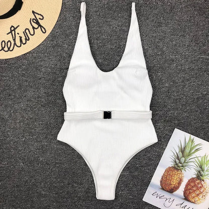 Sexy V-Neck One-Piece Monokini Swimsuit – White Beach Bodysuit for Women