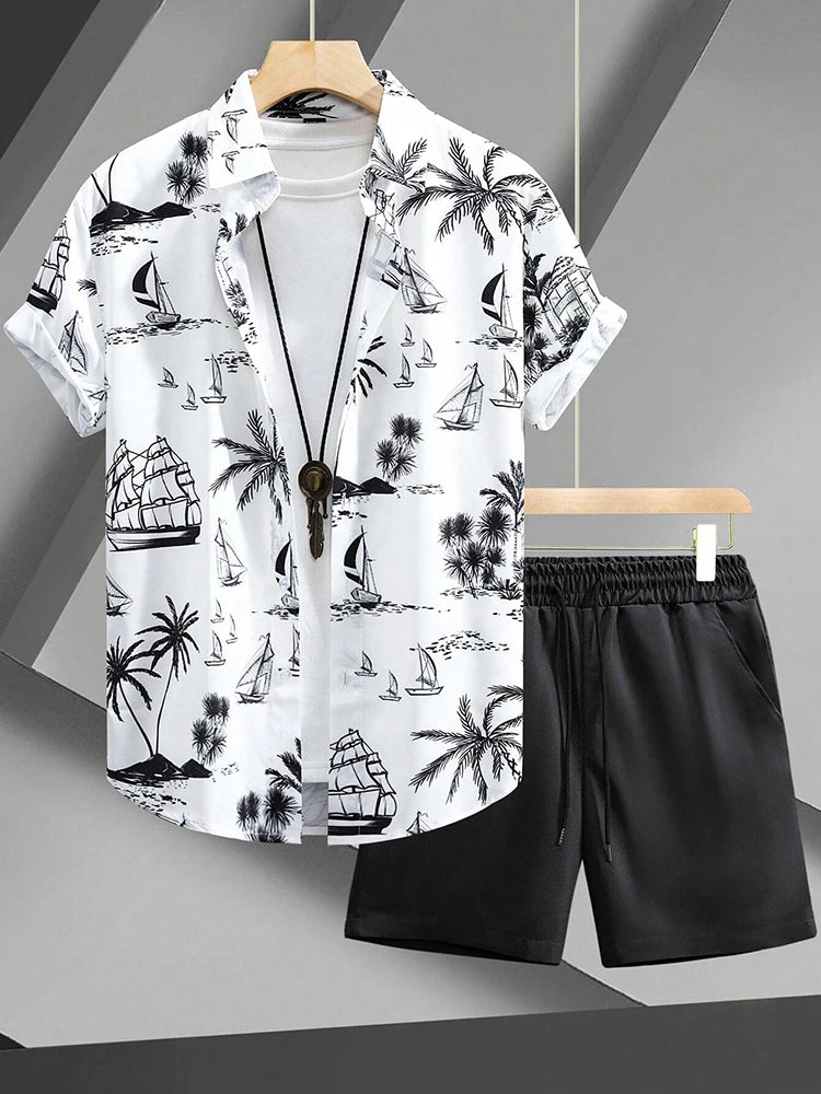 Men’s Hawaiian Coconut Tree Shirt & Shorts Set – Beach Style 2-Piece Outfit
