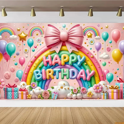 Pink Castle Birthday Backdrop – Rainbow Balloon Party Background for Girls' Photoshoots
