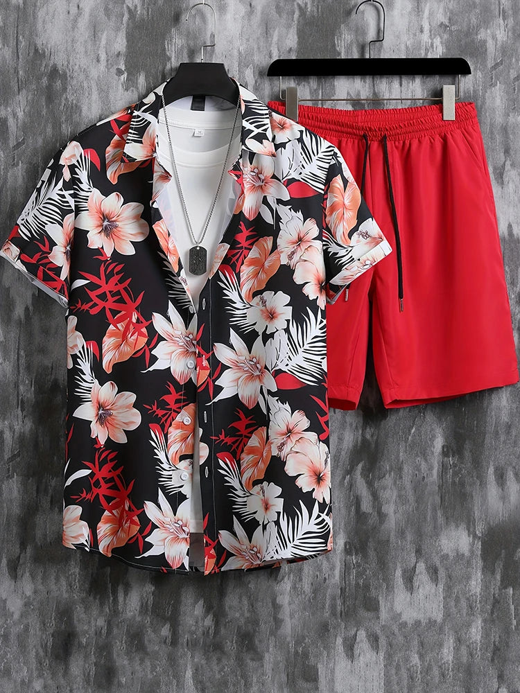 Men’s Hawaiian Coconut Tree Shirt & Shorts Set – Beach Style 2-Piece Outfit