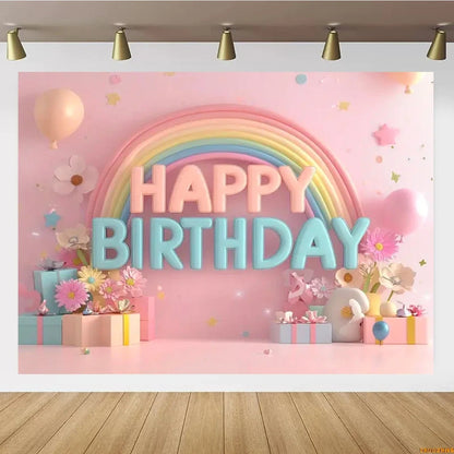 Pink Castle Birthday Backdrop – Rainbow Balloon Party Background for Girls' Photoshoots
