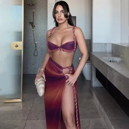 Sexy 3-Piece Gradient Bikini Set with Cover-Up Skirt – Push-Up, High Waist