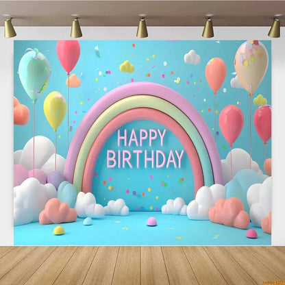 Pink Castle Birthday Backdrop – Rainbow Balloon Party Background for Girls' Photoshoots
