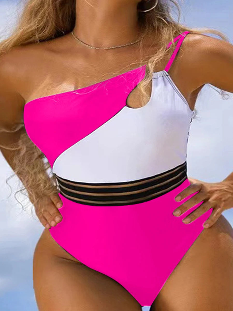 One Shoulder Cut-Out Bikini Bodysuit – Patchwork Swimwear for Women