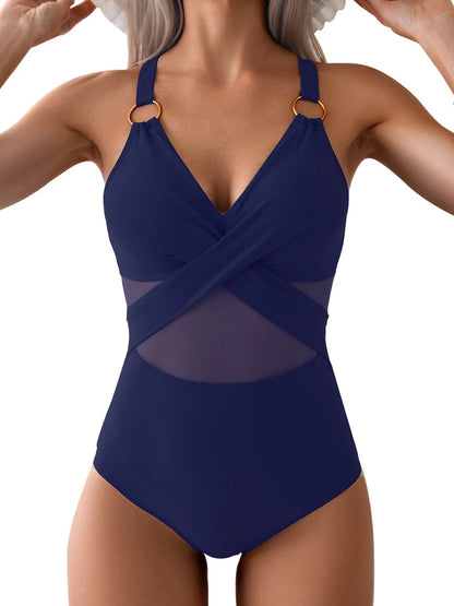 Plain Ruched One-Piece Swimsuit – Ring Link Swimwear for Women