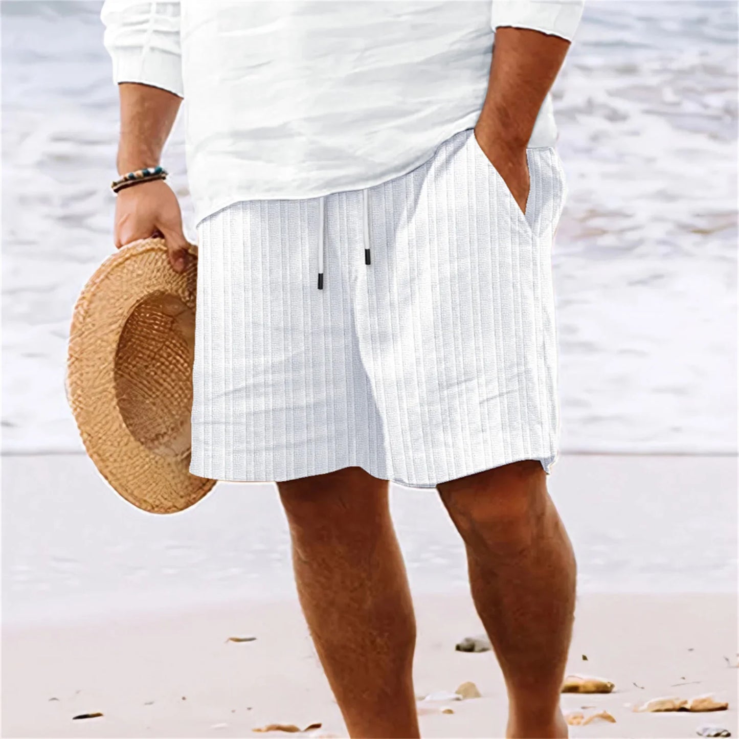 Men's Hawaiian Beach Style Striped Multi-Pocket Board Shorts