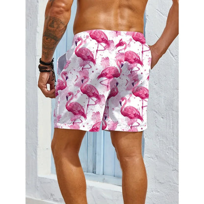 Men's Casual Beach Shorts - Quick-Dry Flamingo Print with Pockets