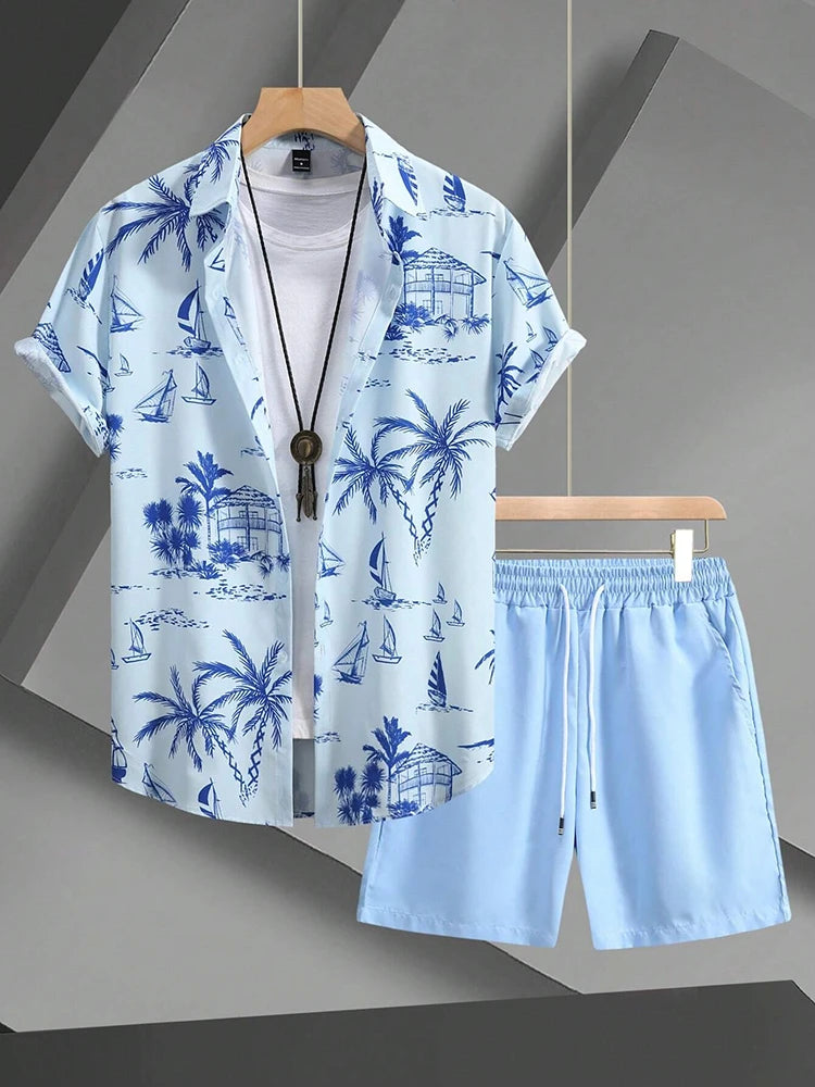 Men’s Hawaiian Coconut Tree Shirt & Shorts Set – Beach Style 2-Piece Outfit